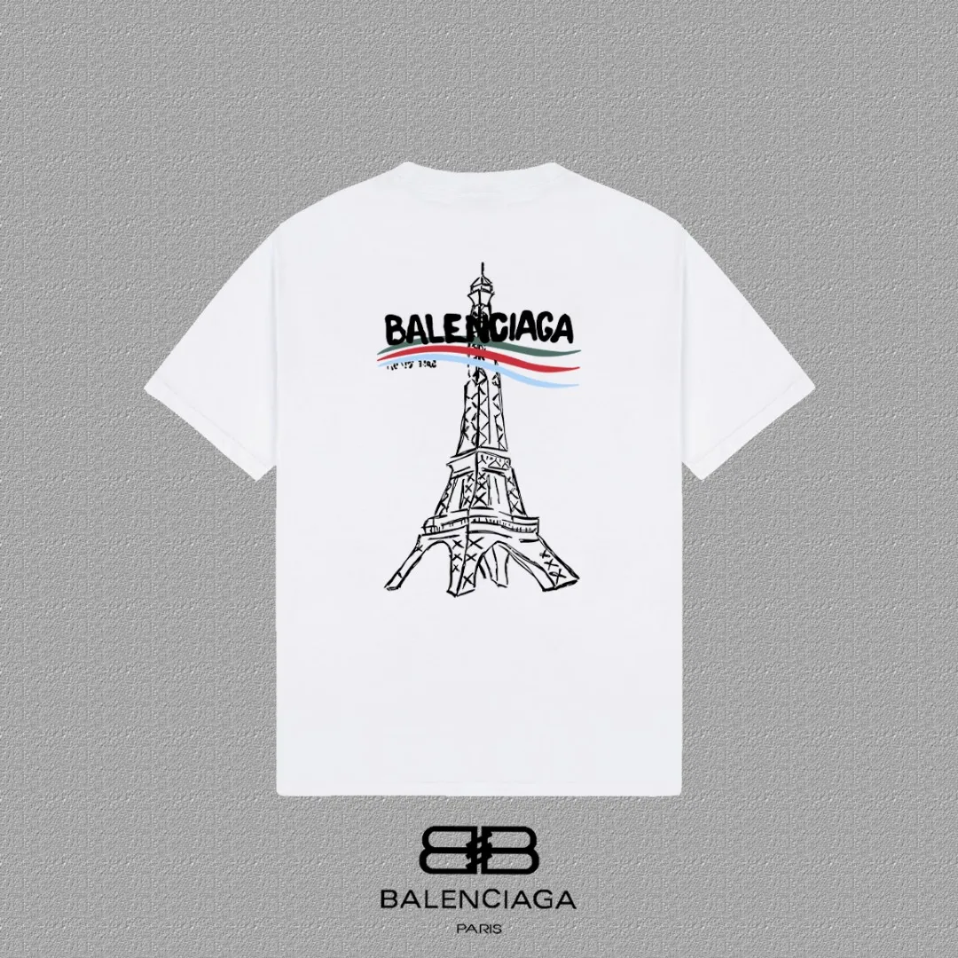 P80✨🔥 BALENCIAGA Paris lettering printed short-sleeved T-shirt. Custom-woven and dyed 300 grams of combed cotton heavyweight fabric. Zero color difference in threads. Perfect details. Different from the current currency version. Welcome to compare. Same Style for men and women. Must-sell in the picture above. Color: White Black Size: 1 2 3 4